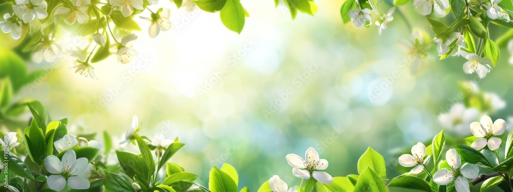 Obraz premium Bright, Sunlit Spring Foliage Banner with Blurred Green Leaves and White Blossoms