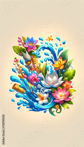 Songkran Splash: Cartoon Floral Celebration