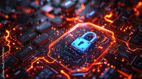 Advanced Cybersecurity Lock on Tech Circuitry