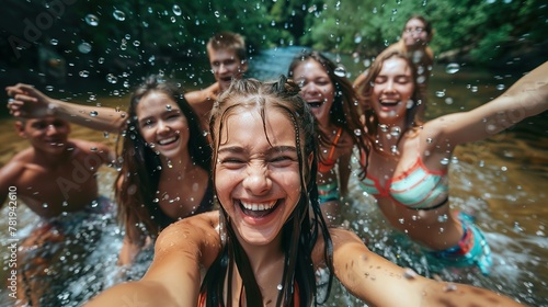 A cheerful group of young people enjoying a refreshing swim together in summer.