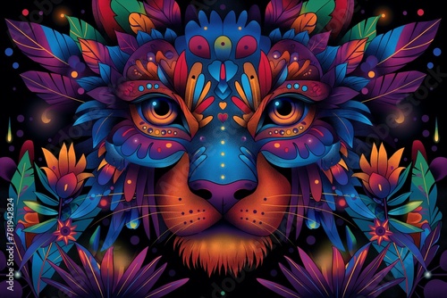 Vibrant Digital Illustration of a Pride-Themed Mystical Lion with Colorful Foliage and Stars © Generative ART