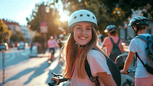 A young girl student rides with friends around the summer city on a bicycle or scooter. Active leisure, environmentally friendly urban transport