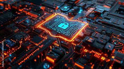 Neon-Lit Cybersecurity Lock on High-Tech Board photo