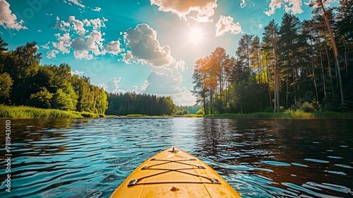 Kayaking and sup boarding on a forest lake in summer. Balance and equilibrium, active recreation in summer in nature photo