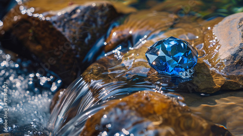 A stunning  high-resolution photograph of a radiant sapphire nestled on the edge of a crystal-clear mountain stream