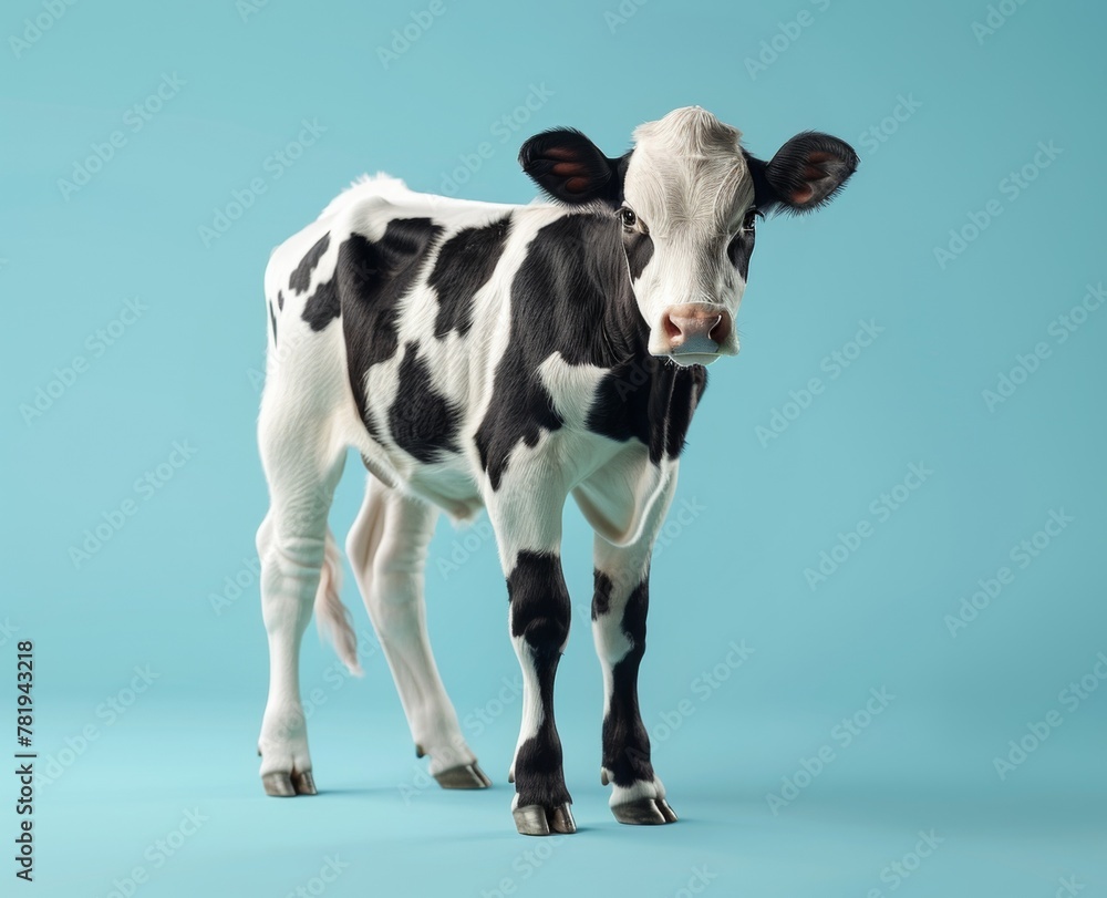 A young cow stands in front of a blue background. The cow is black and white, with a white spot on its head