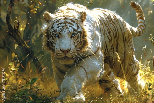 A white tiger is running through a field of grass. The tiger is the main focus of the image, and the grass and trees in the background create a natural and peaceful atmosphere photo