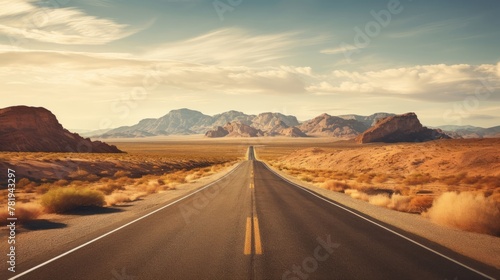 Panorama view of an endless straight road running through the barren scenery of the American Southwest with extreme heat haze on a beautiful hot sunny day with blue sky in summer photo