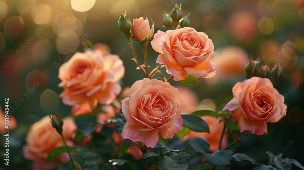 A bunch of orange roses are in a garden. The roses are in full bloom and are surrounded by green leaves. The image has a peaceful and serene mood, as the flowers are in a natural setting
