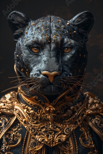 A black panther with gold accents on its face and body. The image has a regal and majestic feel to it