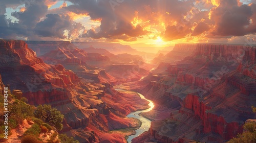 A beautiful sunset over the Grand Canyon. The sky is filled with clouds and the sun is setting in the distance. The river is flowing through the canyon, creating a serene and peaceful atmosphere photo