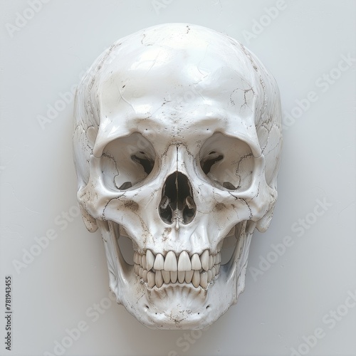 A white skull with a smile on its face. The skull is smiling because it is a fake skull and not a real one
