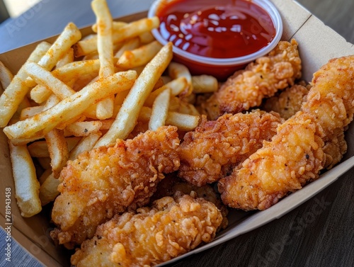 A tray of fried chicken and french fries with a bottle of ketchup. The tray is placed on a wooden table