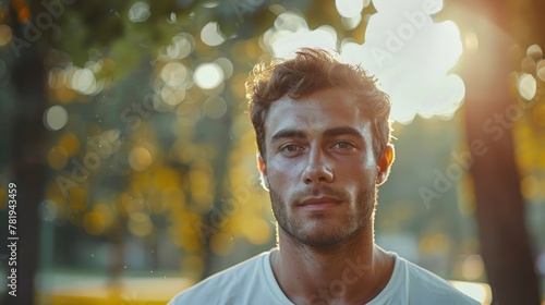 A man with a beard and a white shirt is standing in a park. He is looking at the camera with a smile on his face