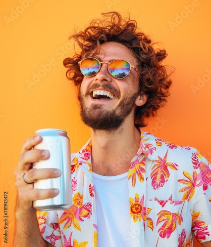 A man with a beard and glasses is smiling and holding a can of soda. The shirt he is wearing has a floral pattern