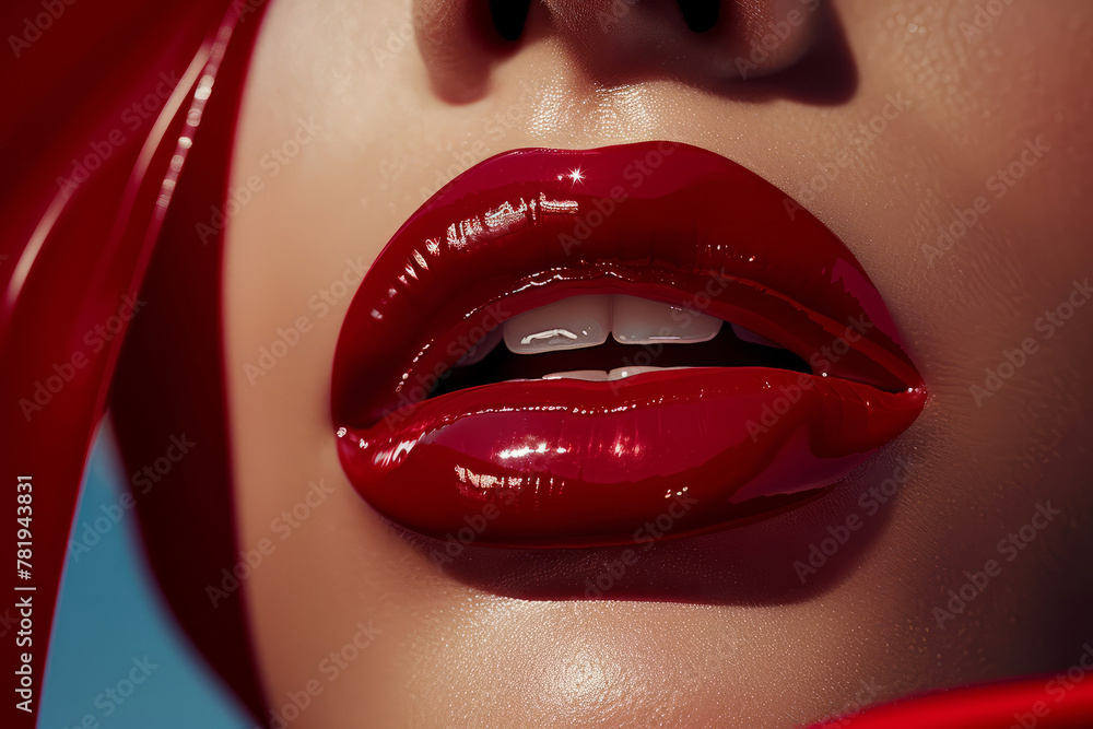 Obraz premium A woman with red lips is shown in a close up. The lips are very large, the woman's smile is wide. Concept of confidence and boldness, woman's lips are the focal point of image. beauty ad, glossy lips