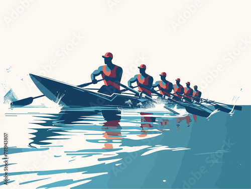 Animated Vector Illustration of Synchronized Rowers Propeling towards Finish Line