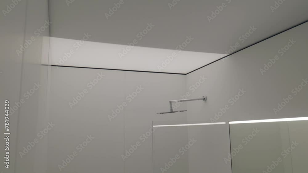 Bathroom with hardwood cabinetry, glass shower, mirror, and wood flooring Bathroom with hardwood cabinetry, glass shower, mirror, and wood flooring