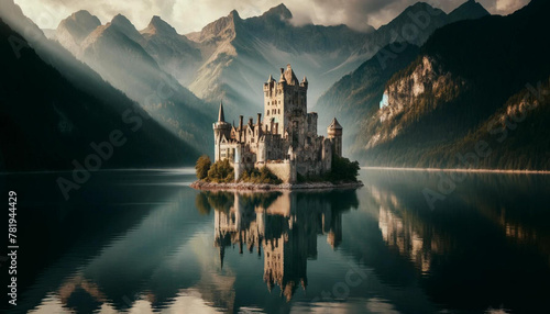 湖に浮かぶ古城と山々の絶景 