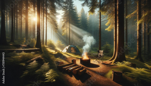 森の中のキャンプファイヤーとテントの朝
