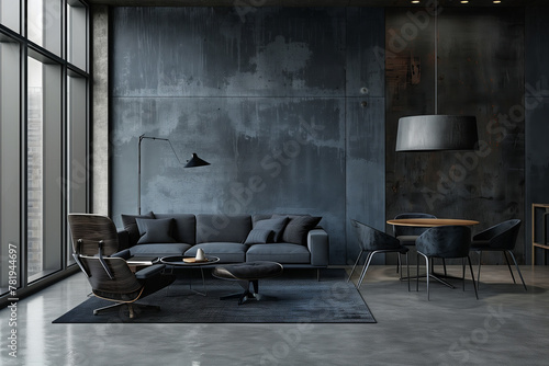 Industrial Elegance Loft in a Modern Living Room. A modern living room blends industrial charm with sleek furniture against a textured concrete wall backdrop