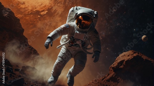 Red Planet Expedition Astronaut Conducting Spacewalk on Mars photo