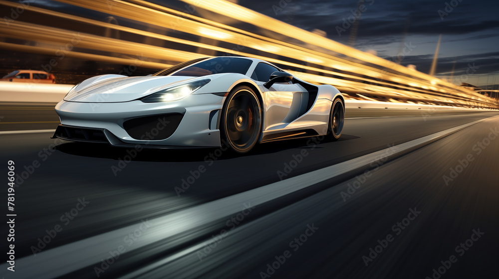 Autobahn Storm: A white supercar unleashes a whirlwind of speed, leaving the landscape a blurry canvas