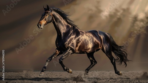 Majestic Black Horse Galloping in Sunlit Dust © Oksana Smyshliaeva