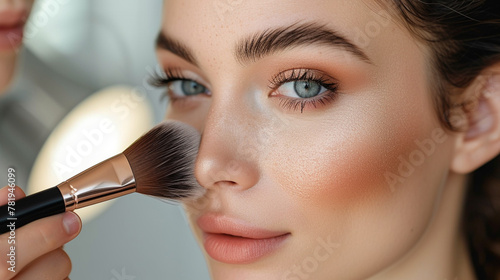 Close-up of a makeup brush applying highlighter to a woman's cheek.