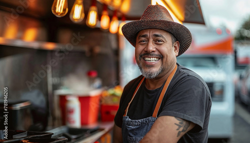 Happy middle-aged Latino man with a hat, beaming at a food truck.