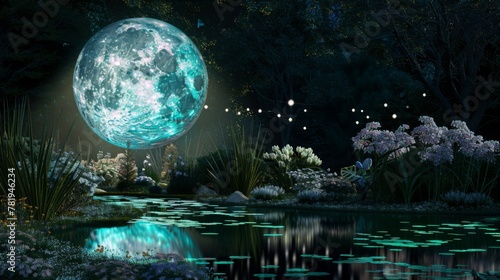 Enchanted Moonlit Garden with Luminous Full Moon Over Tranquil Lake