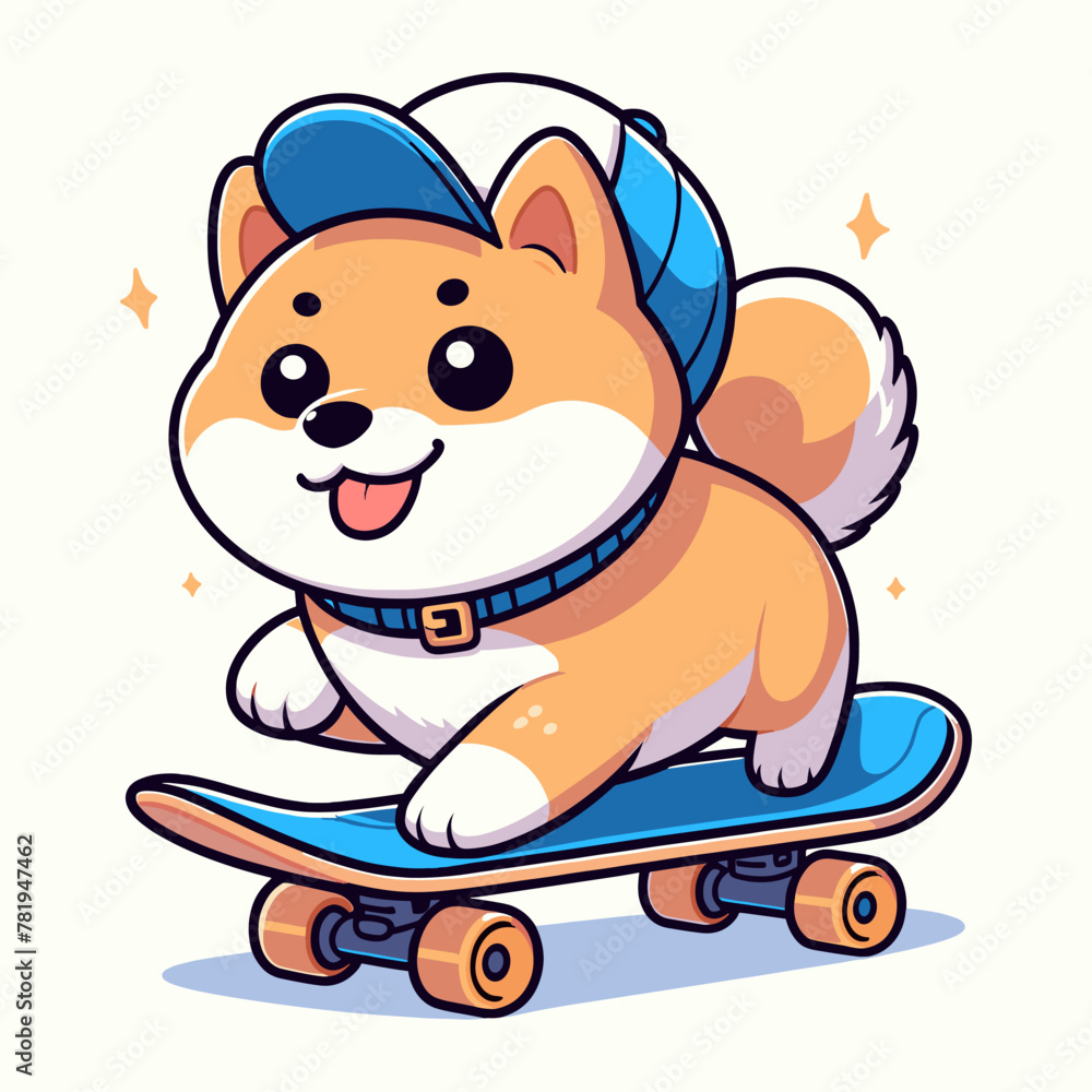 Cute shiba inu dog skateboarding in vector illustration Cute shiba inu dog skateboarding in vector illustration