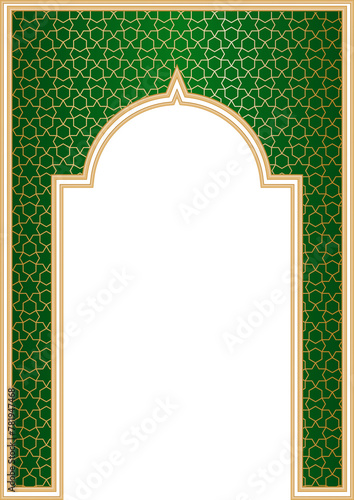 Ramadan Islamic arch frame with ornament. Muslim traditional door illustration for wedding invitation post and templates. Golden and green frame in oriental style. Persian windows shape photo