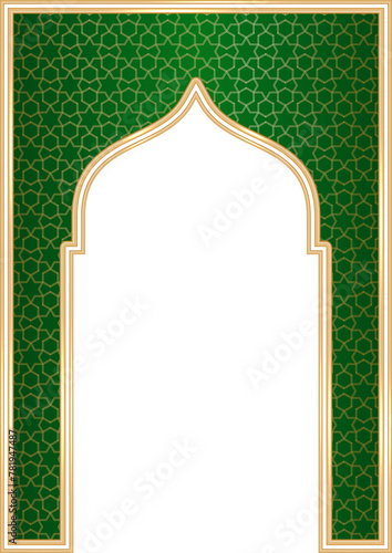Ramadan Islamic arch frame with ornament. Muslim traditional door illustration for wedding invitation post and templates. Golden and green frame in oriental style. Persian windows shape photo