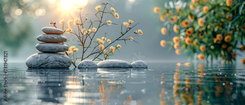 Zen Stones and random Bamboo with a Water Reflection on an Eco-Nature Background in the high Spa Concept for Relaxation bright and balanced Wallpaper Background Cover Magazin Journal Illustration