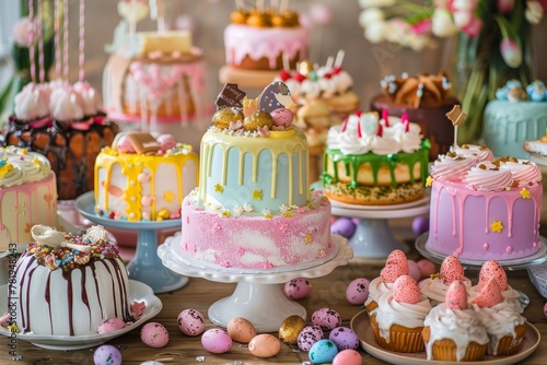 Delicious Easter cakes adorned with colorful decorations, symbolizing joy and renewal