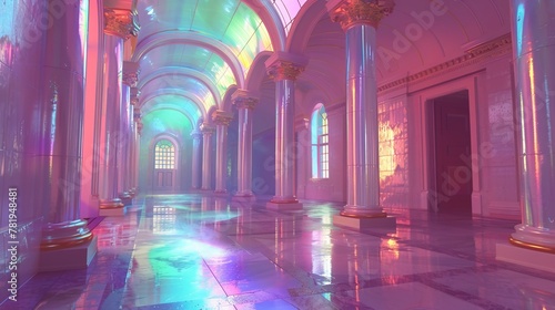 palace arch hallway corridor kingdom hologram pastel regal majestic grand opulent royal enchanting magical fantasy ethereal vibrant colorful illuminated holographic display elegant luxurious