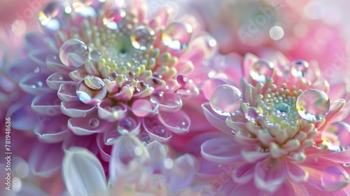 Vibrant Macro Dew Drops on Pastel Pink Flowers © Oksana Smyshliaeva