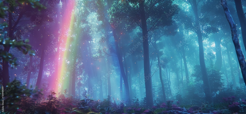 rainy forest sunlight light rays pastel rainbow fantasy enchanted ethereal magical mystical dreamlike whimsical serene atmospheric otherworldly surreal enchanting vibrant nature fairy tale woodland 