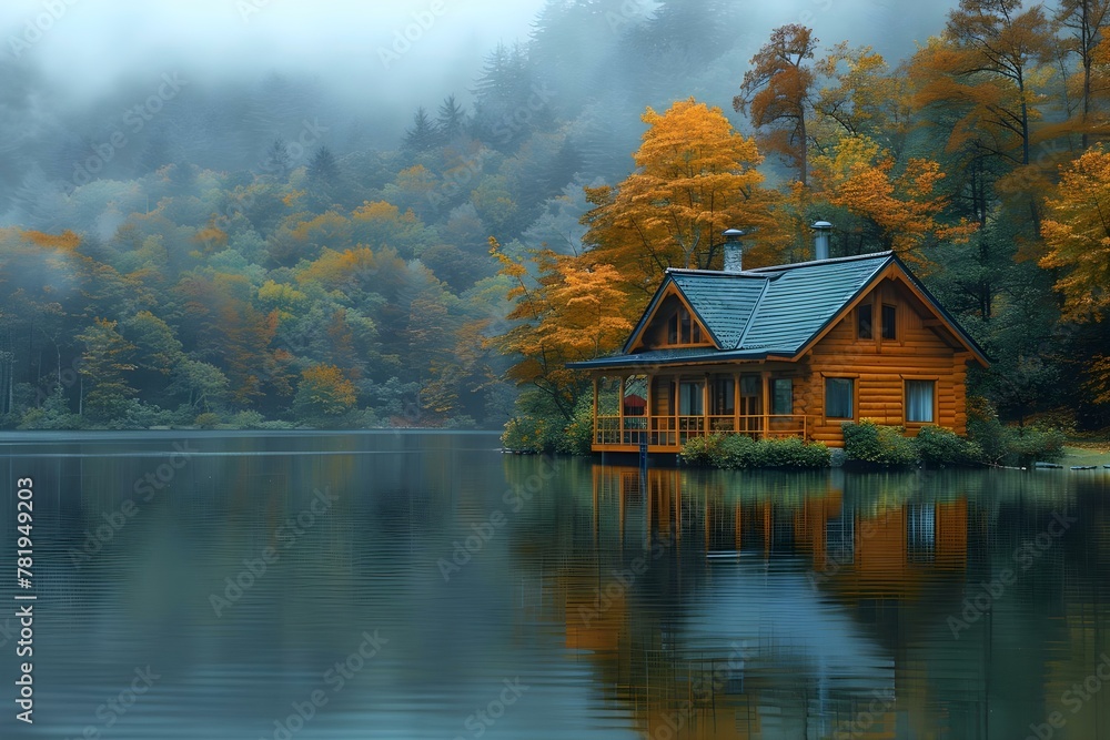Tranquil Cabin Retreat by Misty Lakeside. Concept Lakeside, Tranquil, Cabin Retreat, Misty, Outdoors