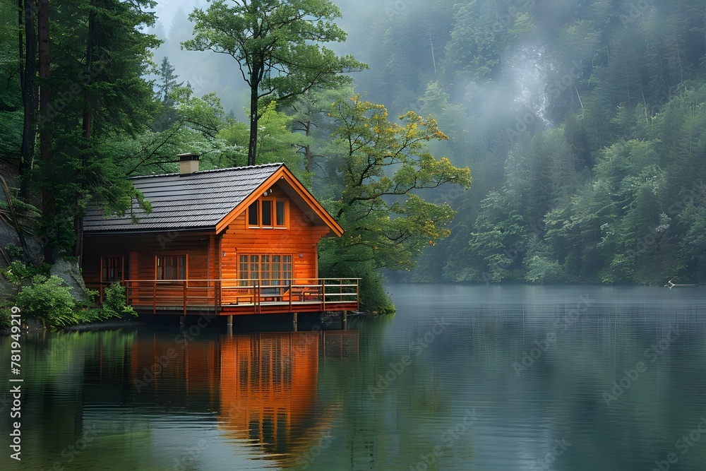Fototapeta premium Tranquil Lakeside Retreat Amidst Whispering Woods. Concept Nature Walk, Calm Waters, Relaxing Views, Rustic Charm
