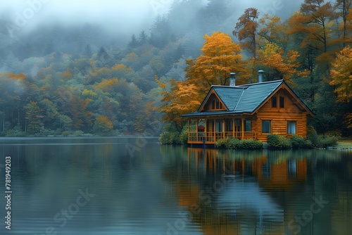Tranquil Cabin Retreat by Misty Lakeside. Concept Lakeside, Tranquil, Cabin Retreat, Misty, Outdoors