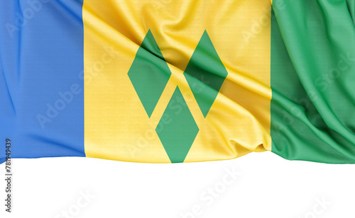 Flag of Saint Vincent and the Grenadines isolated on white background with copy space below. 3D rendering photo