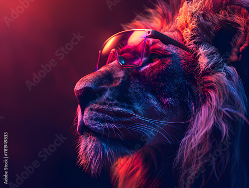 "Lion with sunglasses in neon lighting. Digital art portrait with a vibrant color scheme. Power and confidence concept for design and print. Side view with copy space