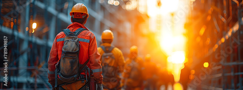 AI generated illustration of construction workers walking down the street at sunset