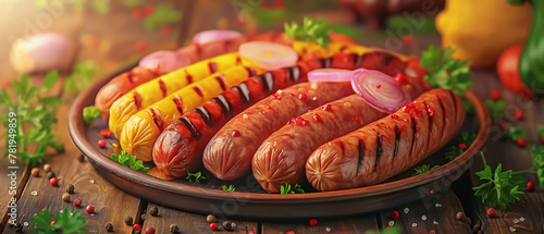 Hyperrealistic Anime style of Grilled mixed various German style sausage , Pink Salt ,black pepper 