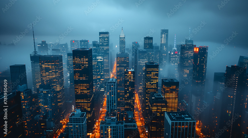 city skyline at night with fog