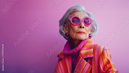 A old woman in a pink and orange outfit with sunglasses on her face. She is wearing a pink scarf and a pink shirt. woman dressed in a pink coat and purple sunglasses,