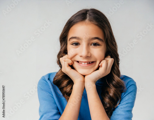 Portrait of young beautiful cute cheerful girl smiling looking at camera hands on face chin photo