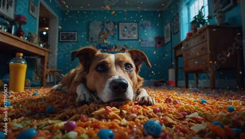 AI generated illustration of a messy room with a dog surrounded by litter